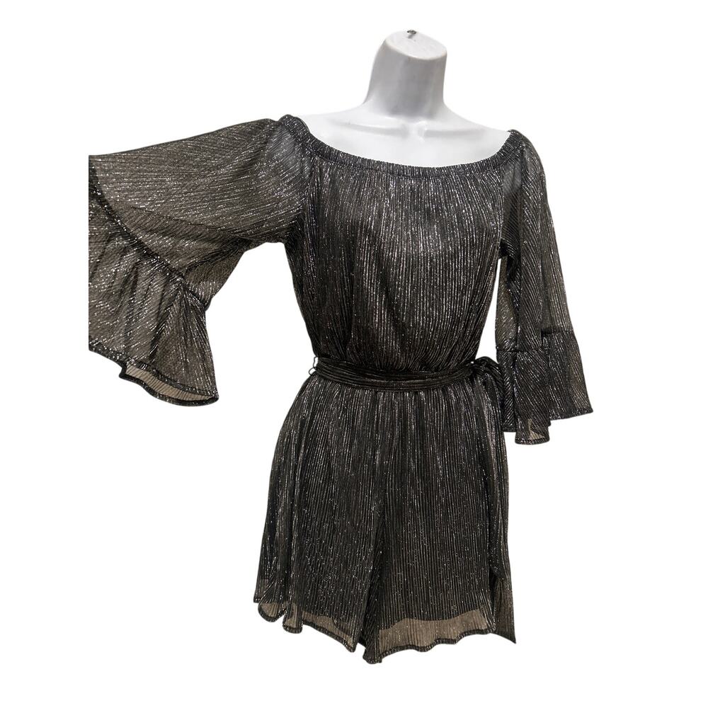60’s Style shimmering silver/Blk  pleated romper, bell sleeves, Forever 21, Sz M